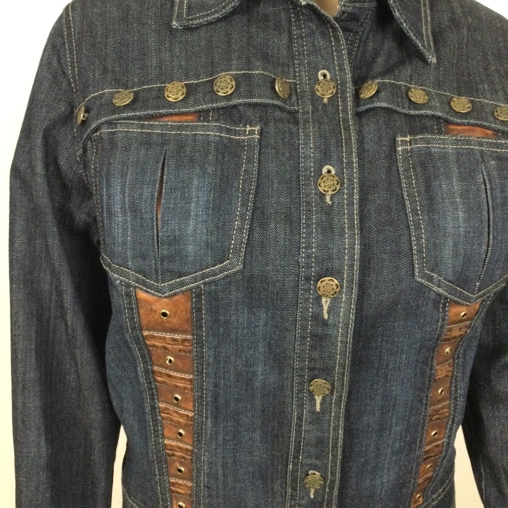 Dark Blue Denim Jean Jacket with Brown Trim - Women